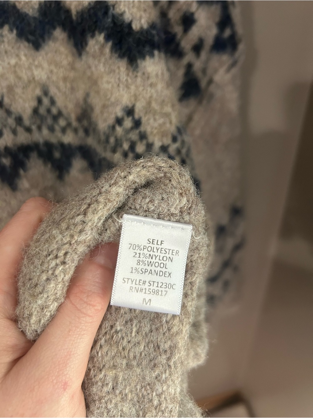 A'ltard State Fair Isle Crew Neck Chunky Knit Pullover Sweater - Taupe and Navy - Picture 8 of 12